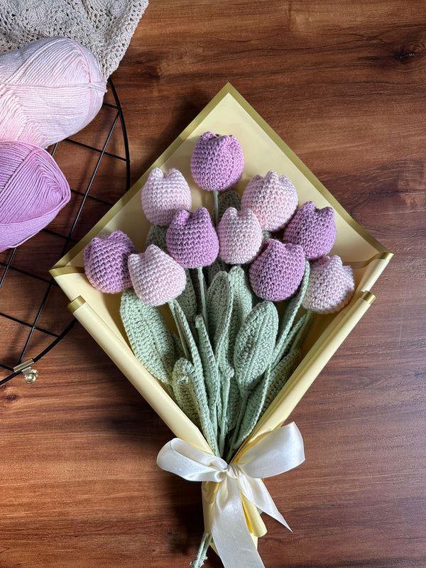 Crochet Tulip Bouquet of 10: Baby Pink and Lilac